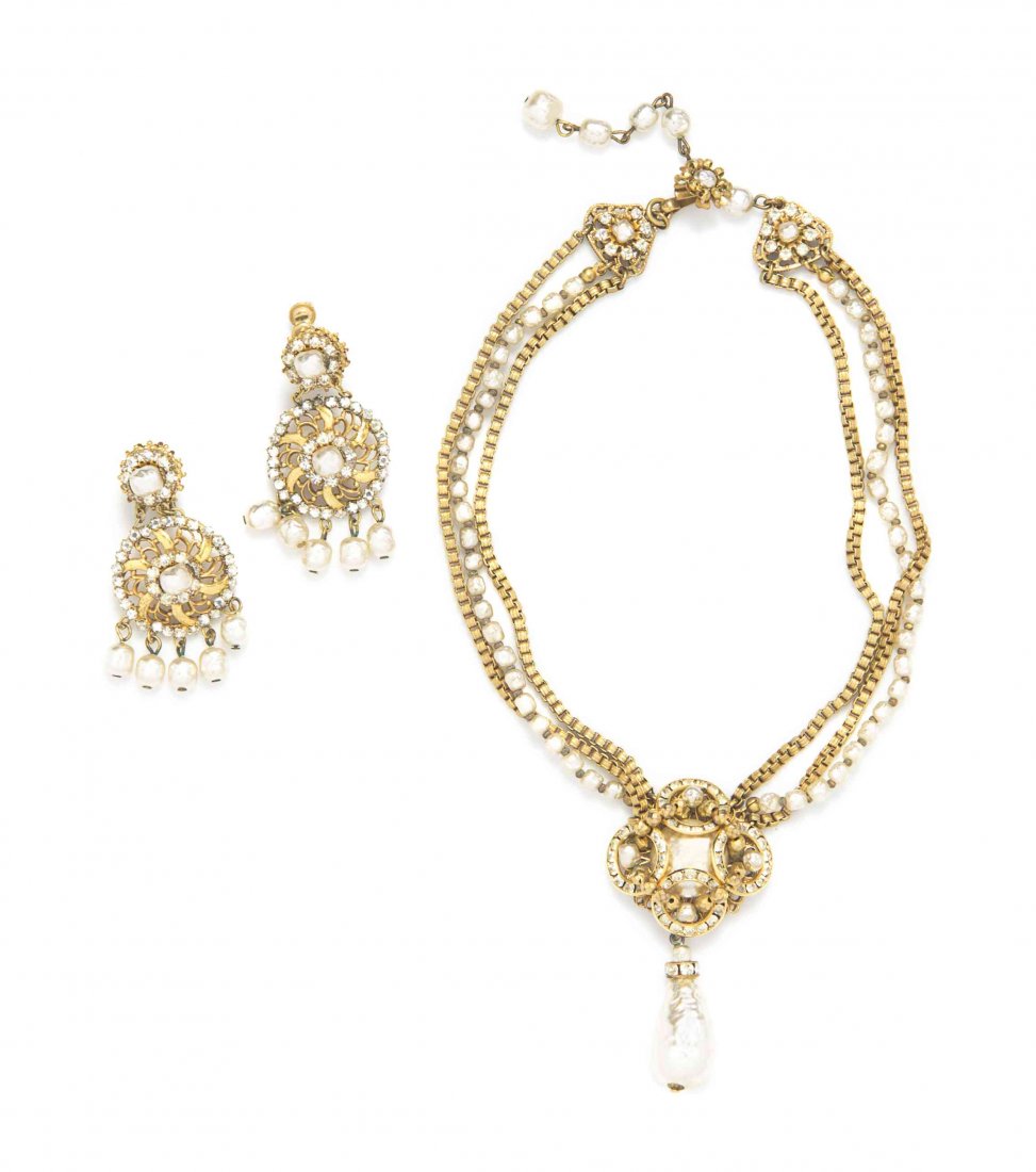 A Miriam Haskell Faux Pearl Demi-Parure,: A Miriam Haskell Faux Pearl Demi-Parure, comprised of a necklace and earclips. All stamped: Miriam Haskell. Condition: Overall good condition.