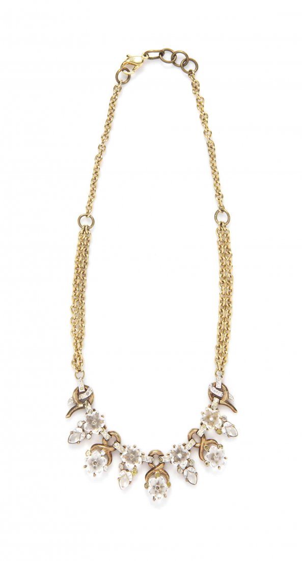 A Trifari Necklace,: A Trifari Necklace, goldtone chainlink, with crystal floral beads and rhinestones. Stamped: Trifari. Condition: Overall good condition. Please note the following: Stones have been replaced. Some tarni