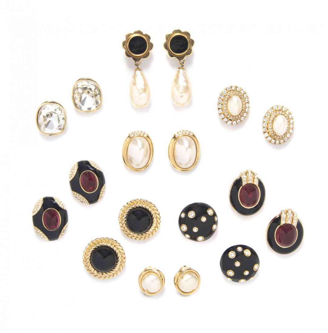 A Group of Nine Pairs of Goldtone Designer Earclips,: A Group of Nine Pairs of Goldtone Designer Earclips, comprised of six pairs of Ciner earclips, together with two pairs of Kenneth Jay Lane earclips, and a pair of Karl Lagerfeld earclips, each in a va