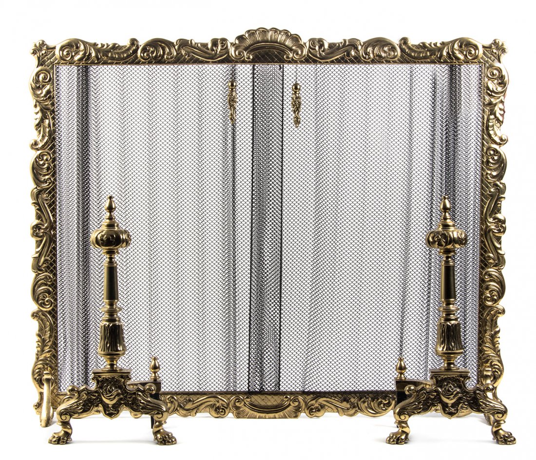 A Louis XV Style Gilt Bronze Firescreen, Height first: A Louis XV Style Gilt Bronze Firescreen, having a rectangular foliate scroll frame set on downward swept feet, together with two andirons. Height first 31 1/2 inches. Property from the Estate of Dr. J