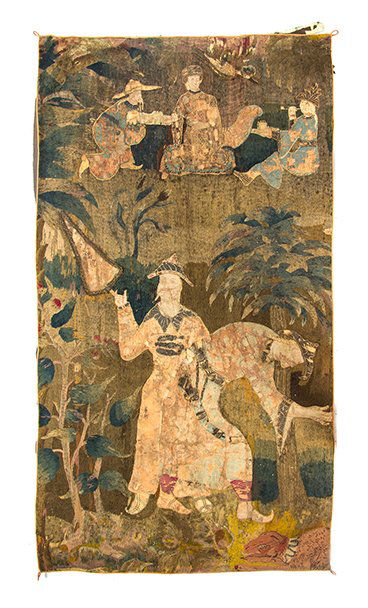 A Continental Needlework Tapestry, POSSIBLY HUNGARIAN,: A Continental Needlework Tapestry, POSSIBLY HUNGARIAN, LATE 17TH/EARLY 18TH CENTURY, worked to show five Orientalist figures in a wooded landscape, the figures having silk faces, hands and clothing wi
