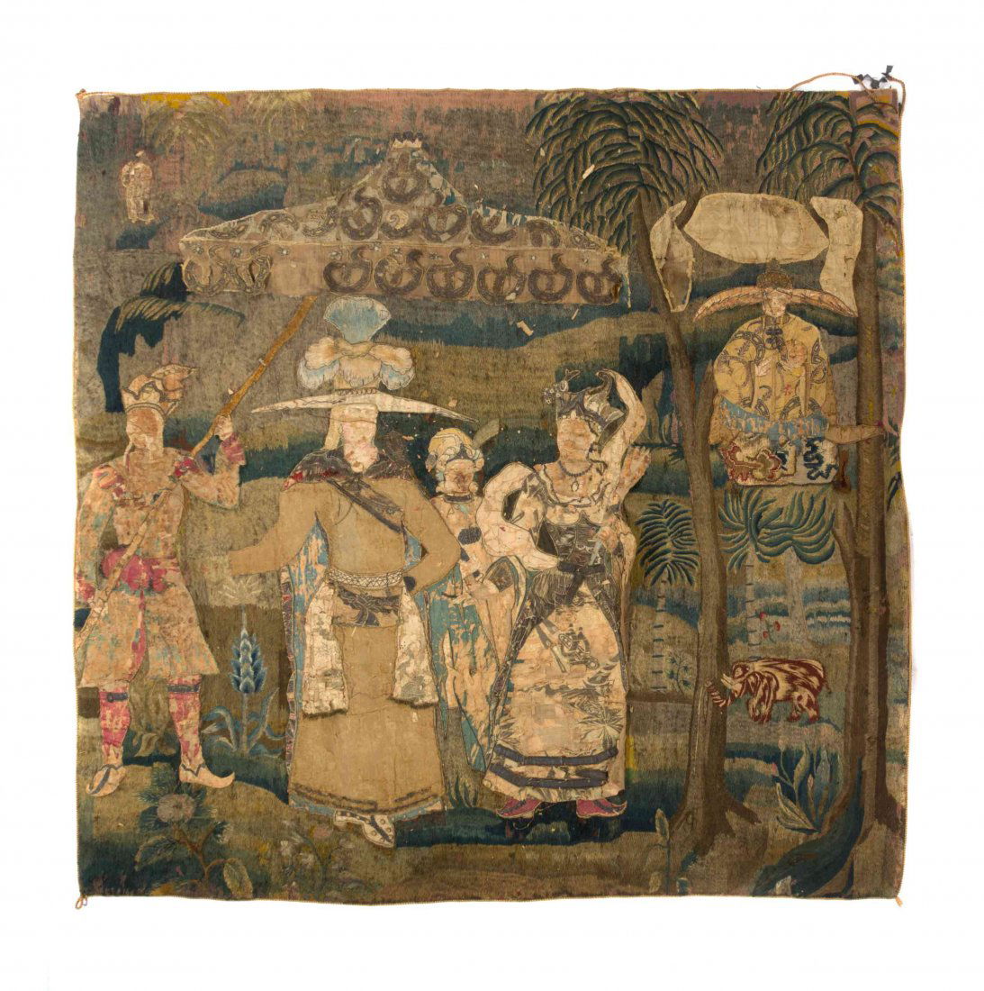 A Continental Needlework Tapestry, POSSIBLY HUNGARIAN,: A Continental Needlework Tapestry, POSSIBLY HUNGARIAN, LATE 17TH/EARLY 18TH CENTURY, worked to show a group of Orientalist figures in a forest, the figures having silk faces, hands and clothing with a