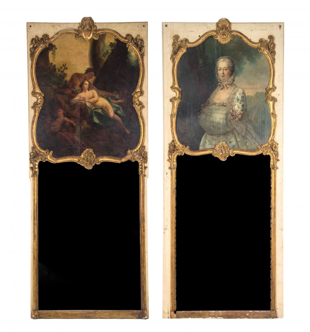 A Pair of Louis XVI Style Painted and Parcel Gilt: A Pair of Louis XVI Style Painted and Parcel Gilt Trumeau Mirrors, each of rectangular form, the first decorated with a woman with a muff, the second decorated with a couple in a landscape. Height 97 