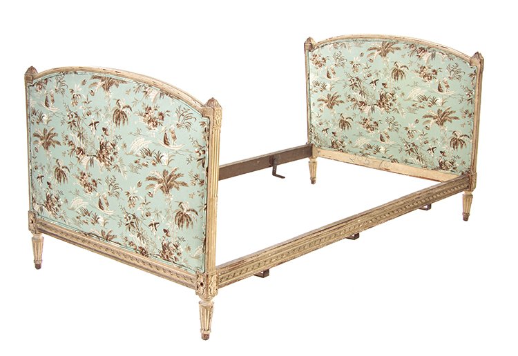A Louis XVI Style Painted and Upholstered Daybed,: A Louis XVI Style Painted and Upholstered Daybed, having a domed head and footboard, inset with Chinoiserie decorated fabric. Height 37 x width 43 1/2 inches.