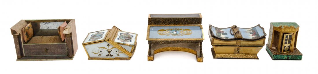 Five French Papier Mache Articles, 19TH CENTURY,: Five French Papier Mache Articles, 19TH CENTURY, comprising a casket, a two-part basket and others, three with reverse painted glass panels. Height of first 4 x width 6 5/8 x depth 3 inches.