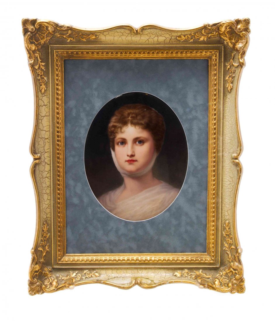 A Berlin (K.P.M.) Porcelain Plaque, Height 10 1/4 x: A Berlin (K.P.M.) Porcelain Plaque, of oval form, depicting Queen Louise of Prussia, having an impressed K.P.M. and scepter mark and set in a velvet lined frame. Height 10 1/4 x width 8 inches (visibl