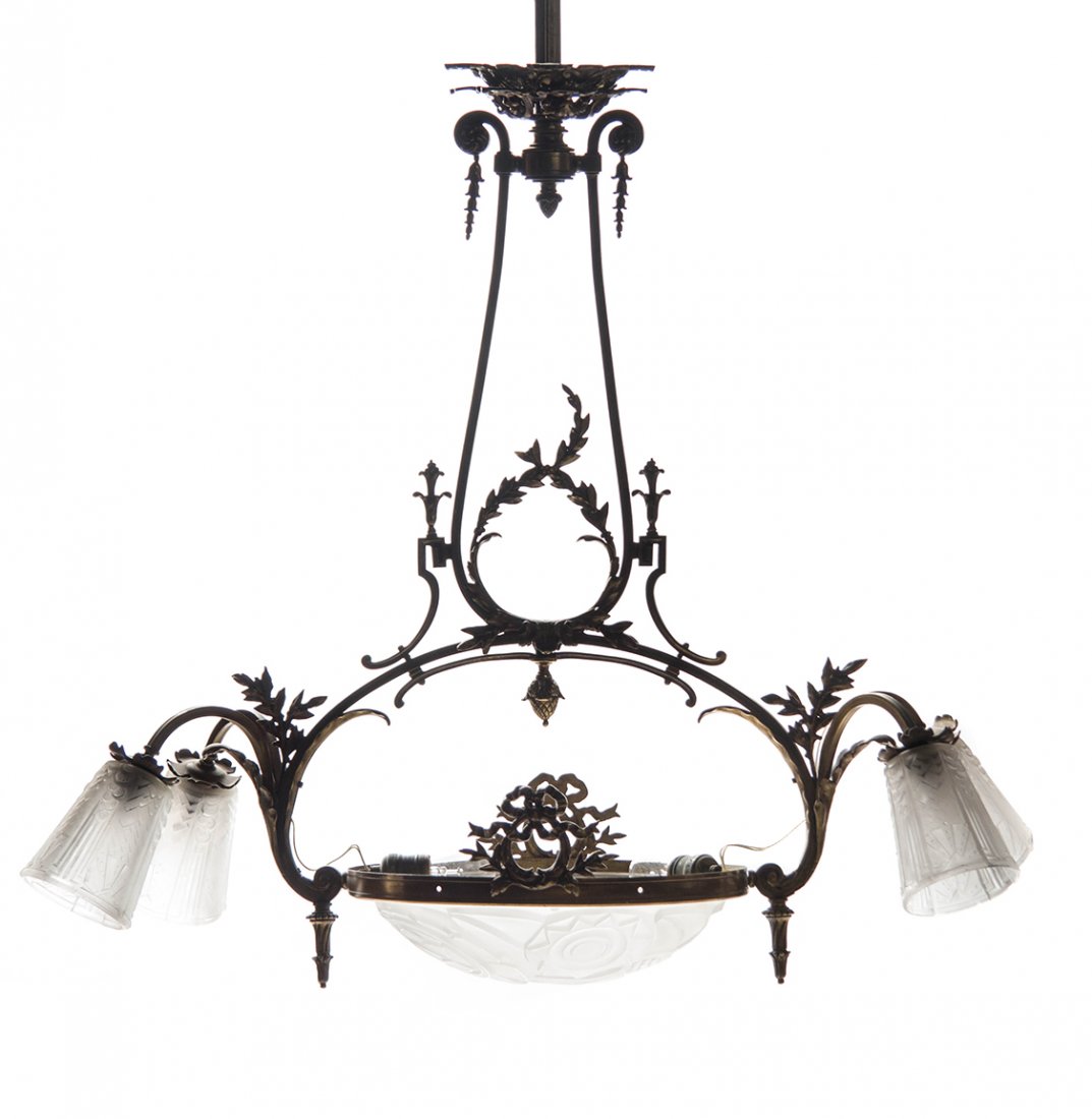 A French Brass and Frosted Glass Five-Light Fixture,: A French Brass and Frosted Glass Five-Light Fixture, having a central dome shade flanked by two arms to each side, signed Muller Freres. Height 32 x width 35 inches.
