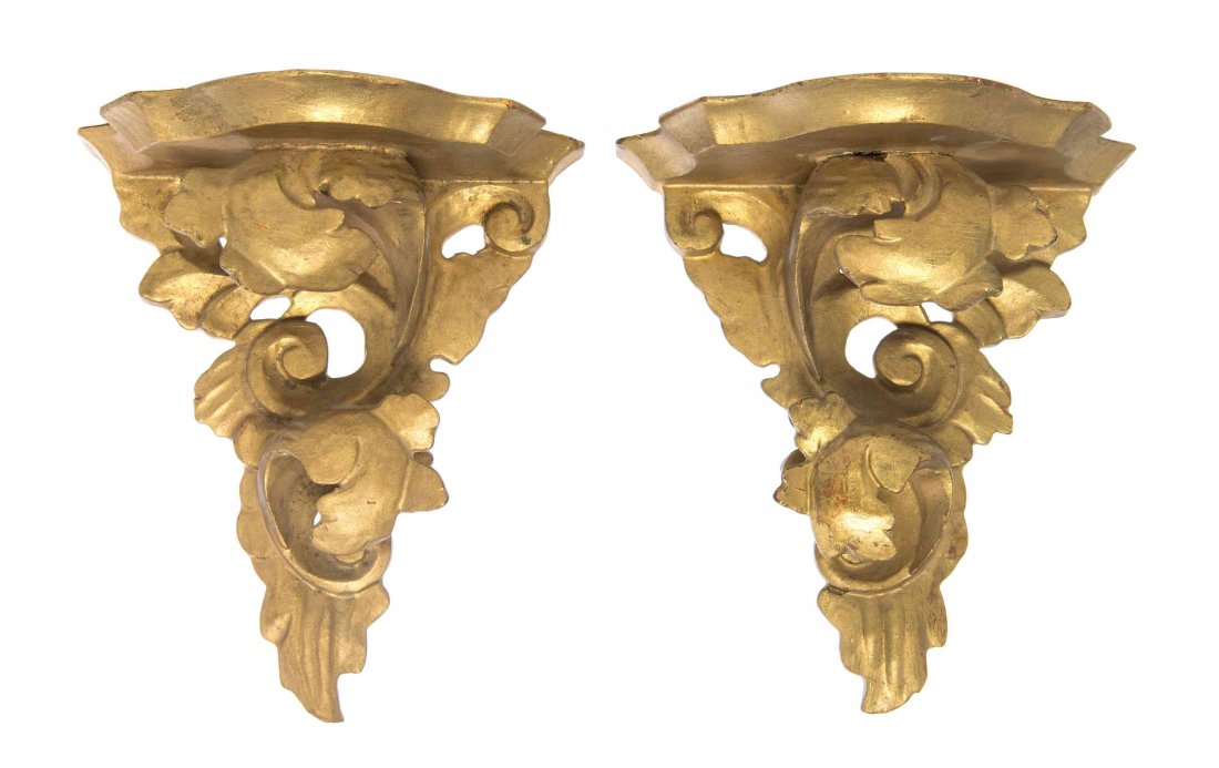 Two Pairs of Italian Giltwood Wall Brackets, Height of: Two Pairs of Italian Giltwood Wall Brackets, each having a shaped shelf over a foliate carved support, together with an associated example. Height of tallest 10 inches.