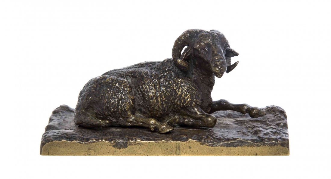 A French Bronze Animalier Figure, PIERRE JULES MENE: A French Bronze Animalier Figure, PIERRE JULES MENE (1810-1979), depicting a seated merino ram. Width 6 inches. Property from a Private Collection, Zionsville, Indiana