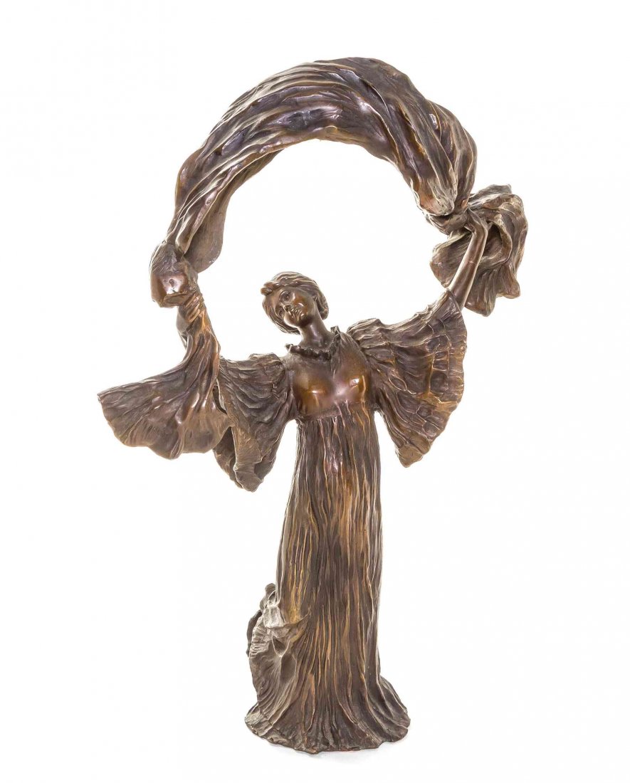 An Art Nouveau Bronze Figural Lamp, AFTER AGATHON: An Art Nouveau Bronze Figural Lamp, AFTER AGATHON LEONARD, depicting a scarf dancer. Height 19 1/2 inches. Property from the Collection of Thomas and Elaine Rath, Hinsdale, Illinois