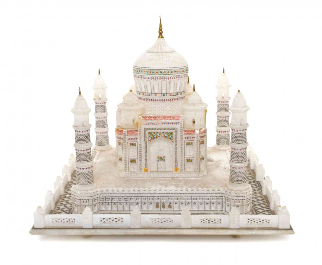 A Grand Tour Alabaster Architectural Model, Height 12 x: A Grand Tour Alabaster Architectural Model, depicting the Taj Mahal. Height 12 x width 14 x depth 13 3/4 inches.