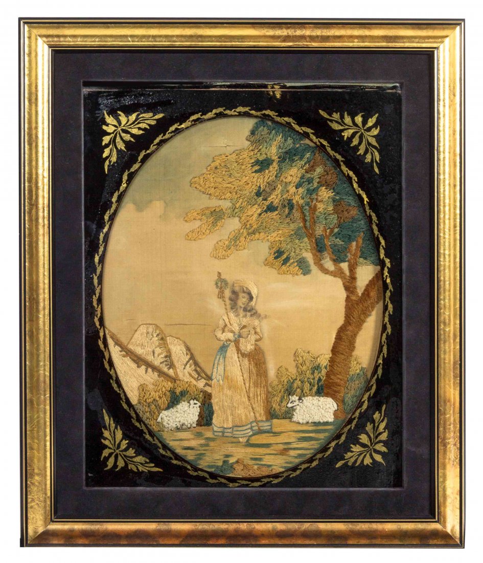 An English Needlework Picture, 18TH CENTURY, Height 19: An English Needlework Picture, 18TH CENTURY, worked in various stitches on a silk ground to depict a shepherdess with a painted face and hands, framed. Height 19 1/4 x width 16 inches.