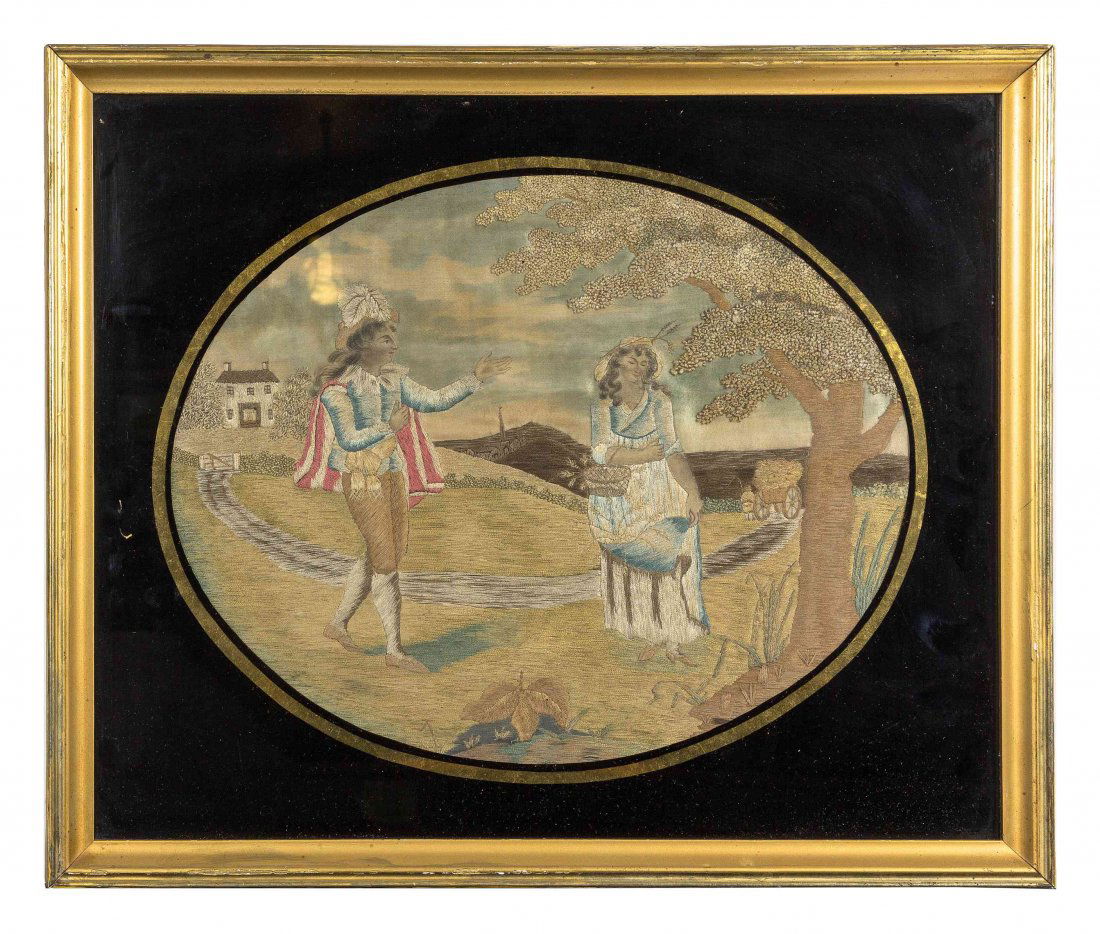An English Needlework Picture, 18TH/19TH CENTURY,: An English Needlework Picture, 18TH/19TH CENTURY, worked in various stitches on a silk ground to depict a couple in a pastoral landscape, framed. Height 15 3/4 x width 18 3/4 inches.
