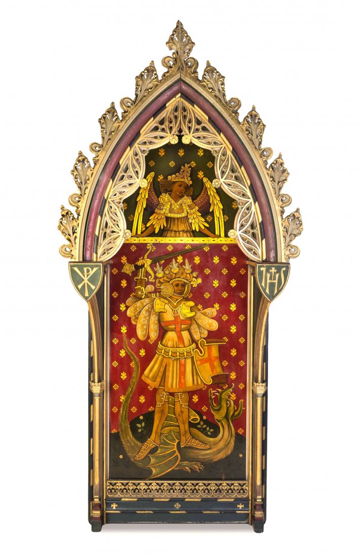 A Gothic Style Painted Altar Panel, BRITISH, 19TH: A Gothic Style Painted Altar Panel, BRITISH, 19TH CENTURY, the domed portion depicting an angel above a rectangular portrait of St. George slaying a dragon, set within a painted and gilt decorated car