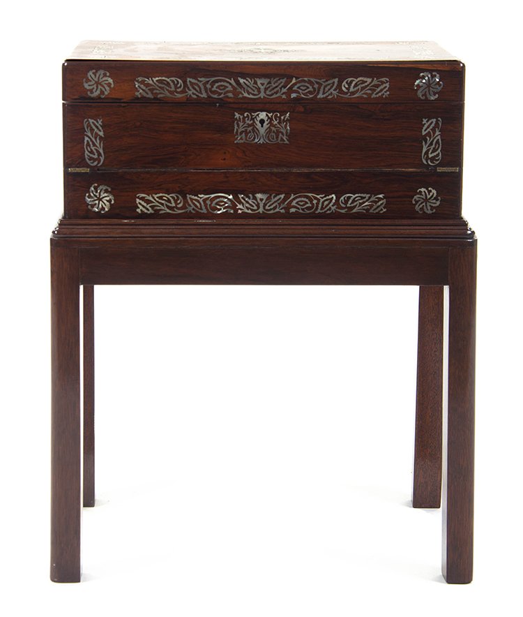 A Victorian Mother-of-Pearl Inlaid Rosewood Writing: A Victorian Mother-of-Pearl Inlaid Rosewood Writing Box, raised on a later stand. Height of box 8 x width 17 3/4 x depth 11 inches. Provenance: June & Tony Stone Fine Antique Boxes, East Sussex, Engla