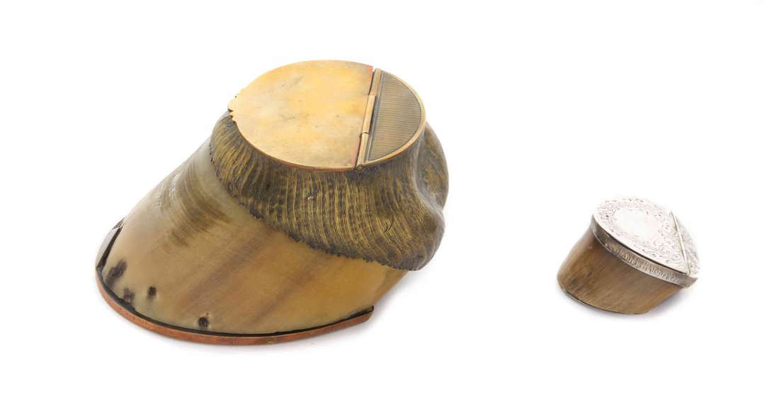 An English Brass Mounted Hoof Box, Width of first 7: An English Brass Mounted Hoof Box, engraved Goodwill 1869-1897, together with an associated Victorian silver mounted hoof box, maker's mark WA&S. Width of first 7 inches. Property from a Private Colle