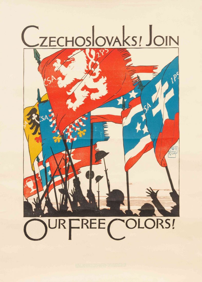 Vojtech Preissig, (Czech, 1873-1944), Czechoslovaks!: Vojtech Preissig (Czech, 1873-1944) Czechoslovaks! Join Our Free Colors!, c. 1917 lithograph poster 25 x 35 inches. Property from the Collection of a Gentleman, Chicago, Illinois