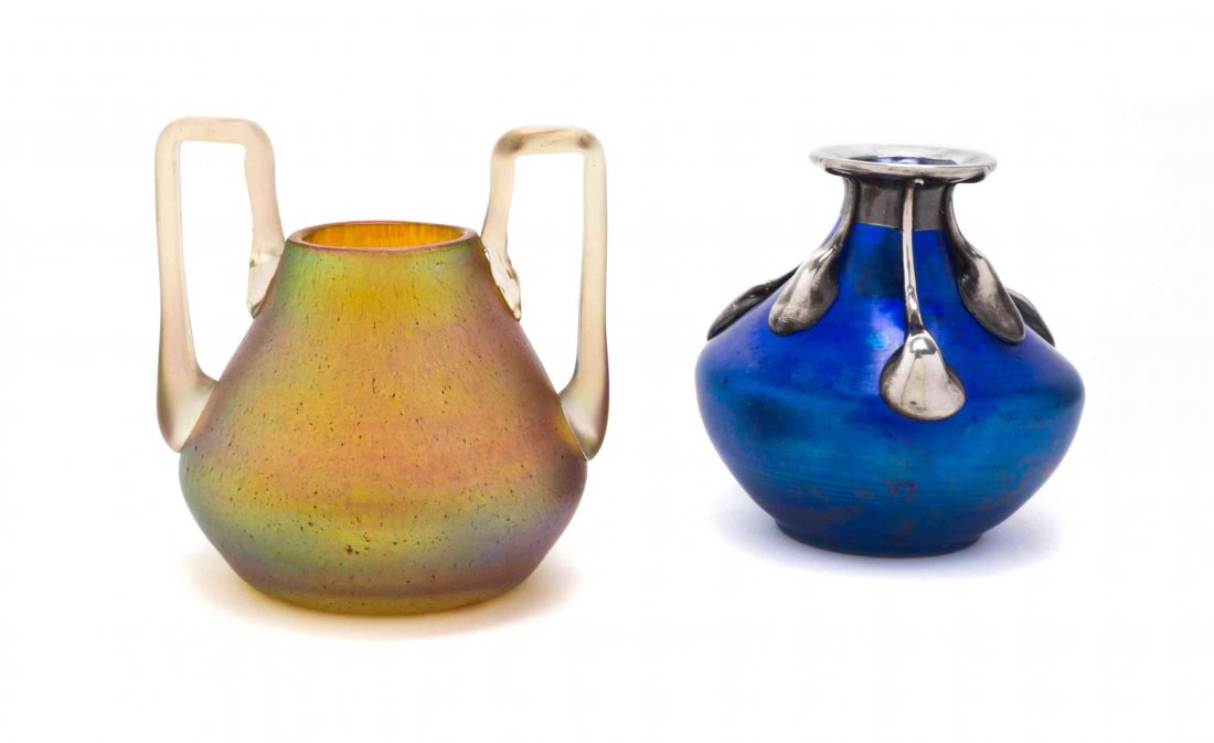 A Loetz Glass and Silver Overlay Cabinet Vase, Height: A Loetz Glass and Silver Overlay Cabinet Vase, of squat baluster form, with a blue iridescent ground, the lip and body with silver mounted drip decoration, stamped STERLING, together with a gold iride