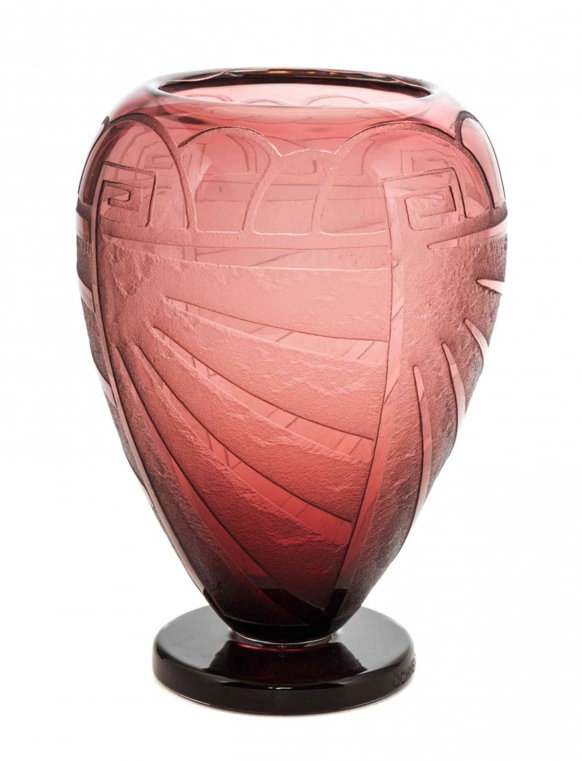 A Charles Schneider Acid Cut Glass Vase, Height 8 3/4: A Charles Schneider Acid Cut Glass Vase, of ovoid form, with geometric decoration on a chipped ice ground, raised on a circular foot, etched Schneider France. Height 8 3/4 inches.