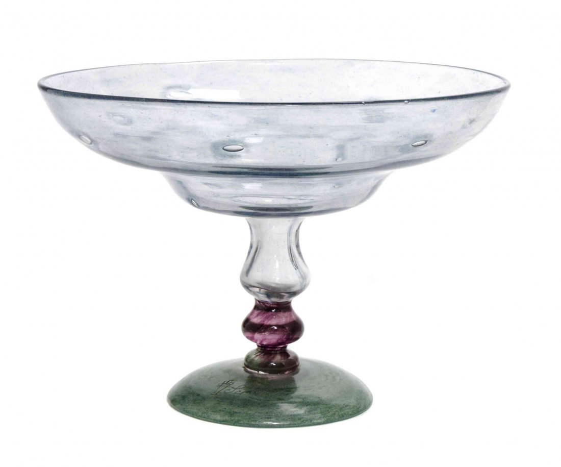 A Charles Schneider Glass Tazza Height 6 inches.: A Charles Schneider Glass Tazza having a stepped bowl with internal air bubble decoration, over a baluster standard, terminating in a circular mottled foot, etched Schneider, further marked with the S