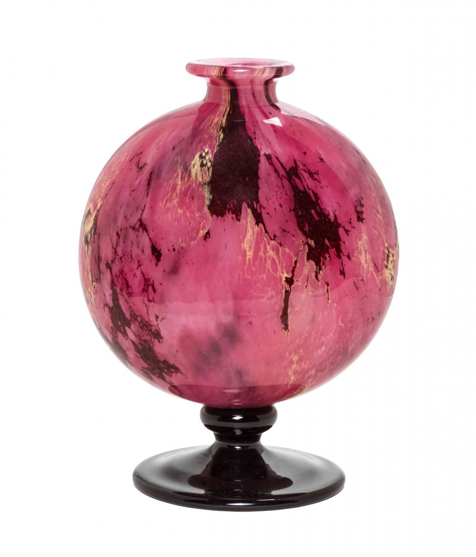 A Charles Schneider Glass Vase, Height 7 inches.: A Charles Schneider Glass Vase, of flattened bottle form, with a mottled pink ground, raised on a circular foot etched Schneider. Height 7 inches.