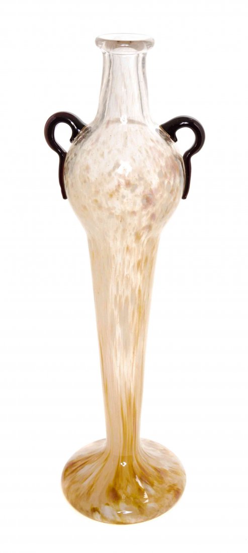A Charles Schneider Glass Vase, Height 18 1/2 inches.: A Charles Schneider Glass Vase, of baluster form with applied handles, having a mottled ground, terminating in a circular foot, etched Schneider France. Height 18 1/2 inches.
