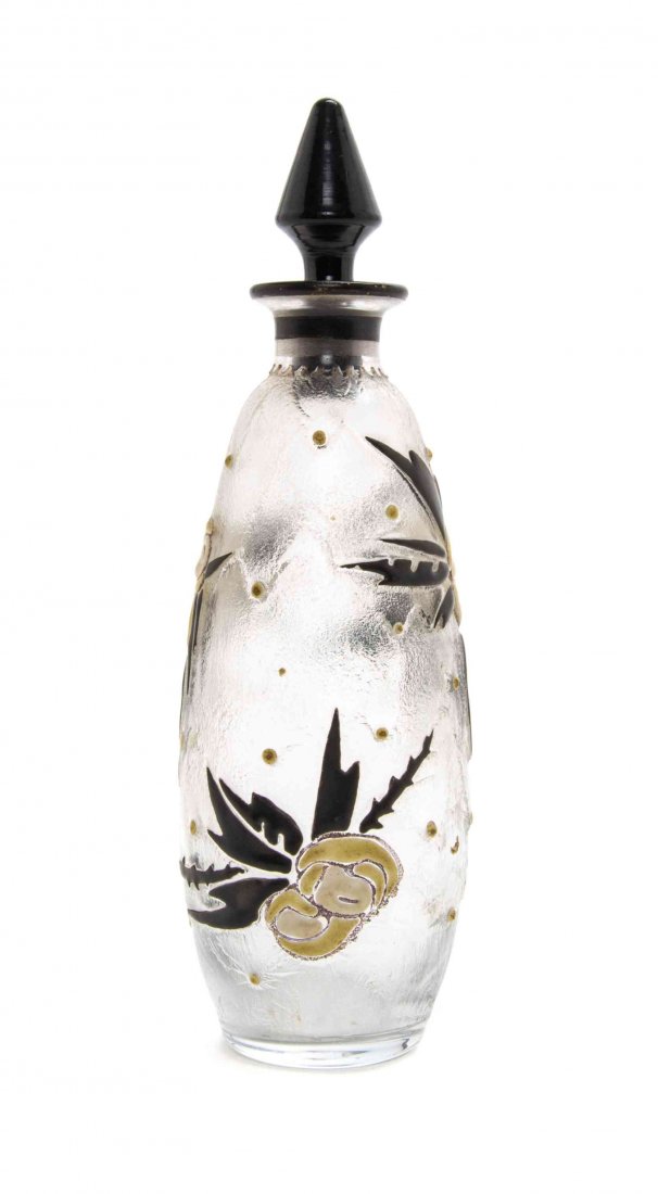 An Andre Delatte Cameo and Enameled Glass Bottle,: An Andre Delatte Cameo and Enameled Glass Bottle, of tapering form with a chipped ice ground, with floral decoration, signed Delatte Nancy in cameo. Height 8 1/4 inches.