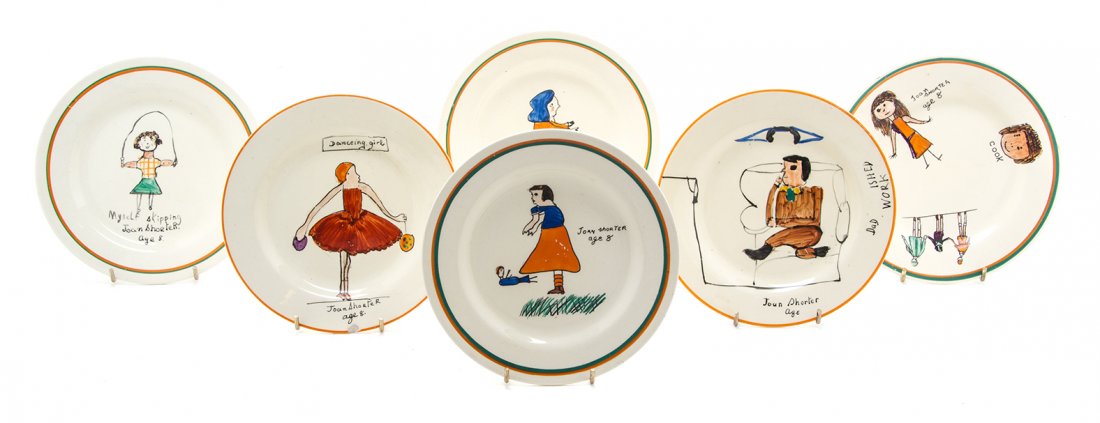 Six Joan Shorter Pottery Plates, for A.J. Wilkinson,: Six Joan Shorter Pottery Plates, for A.J. Wilkinson, comprising Dancing Girl, Myself Skipping, Dad, Cook and two other examples, each marked Wilkinson England, Honeyglaze, further painted From a Child