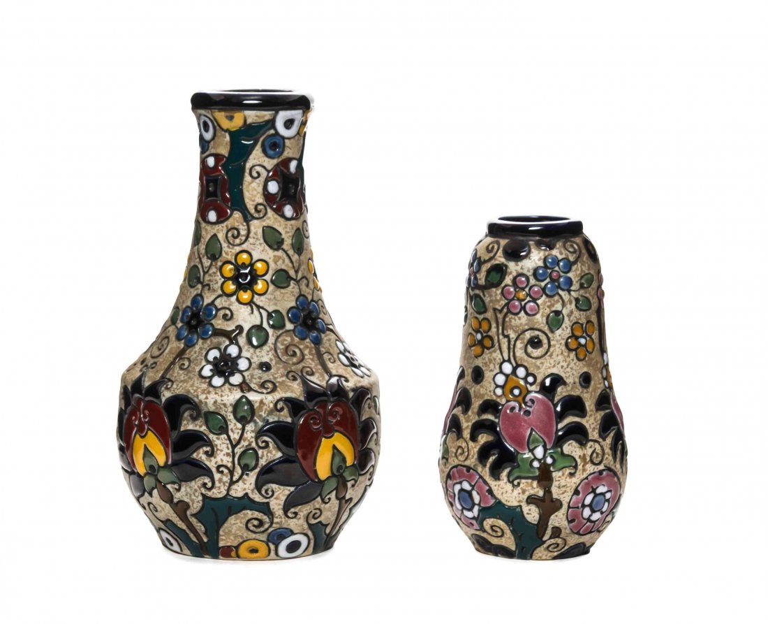 Two Amphora Pottery Vases, Height of taller 8 1/2: Two Amphora Pottery Vases, the first example of bottle form, bearing the Amphora stamp, the second example of gourd form, stamped K. M. Height of taller 8 1/2 inches.