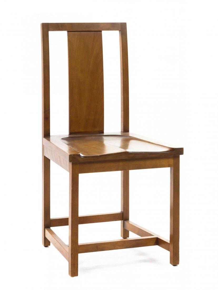 A George Washington Maher Oak Side Chair, from the: A George Washington Maher Oak Side Chair, from the Ernest L King Rockledge House, Homer, Minnesota, 1912, having a rectangular vertical splat over the shaped plank seat, raised on square legs joined b