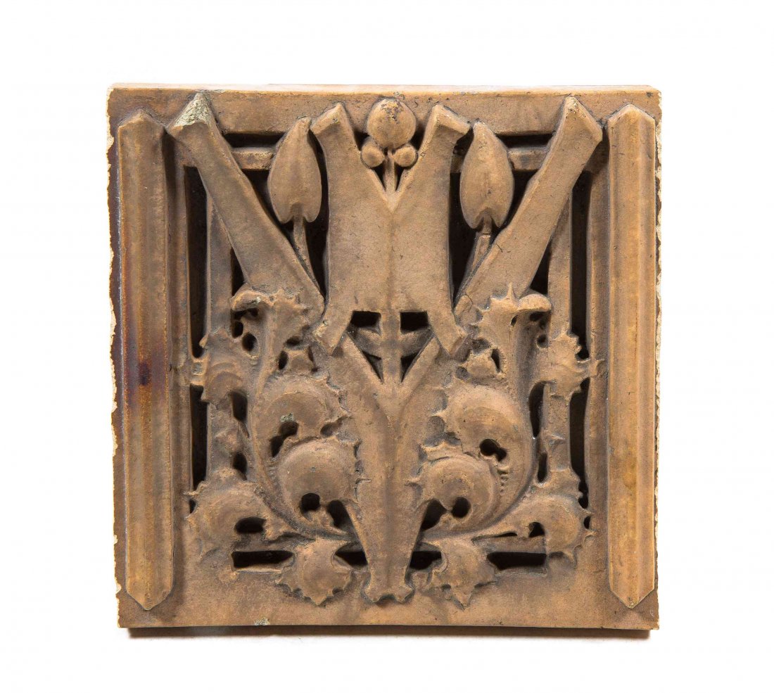 A Midland Terracotta Panel, from the Oliver P. Morton: A Midland Terracotta Panel, from the Oliver P. Morton School, circa 1930, Hammond, Indiana, of square form with stylized foliate decoration. Height 13 1/2 x width 13 1/2 inches. A Private Collection,