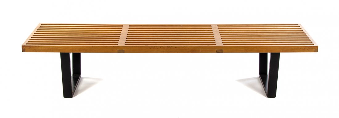A George Nelson Platform Bench, for Herman Miller,: A George Nelson Platform Bench, for Herman Miller, having a rectangular slatted seat over an ebonized base. Height 13 1/8 x width 68 1/8 x depth 18 5/8 inches. Property from the Estate of Jean Friendl