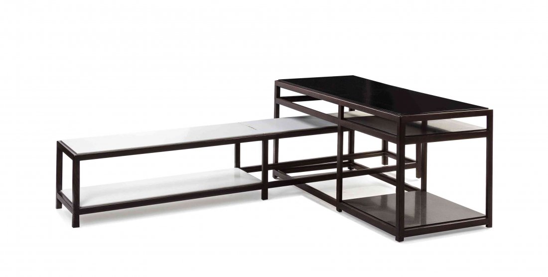 Two Edward Wormley Walnut and Laminate Interlocking: Two Edward Wormley Walnut and Laminate Interlocking Tables, for Dunbar, each having a rectangular top with a laminate top, raised on squared supports, with the Dunbar plaque. Height of tallest 23 1/2 