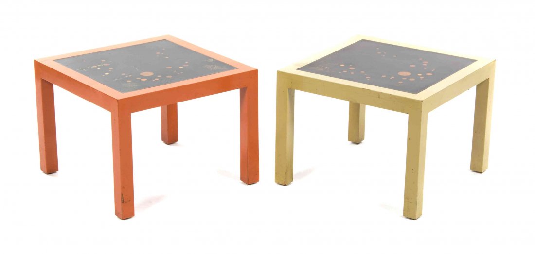 Two Dunbar Polychromed and Ebonized Occasional Tables,: Two Dunbar Polychromed and Ebonized Occasional Tables, each having a square top with inset mahogany geometric decoration, raised on square legs, with the Dunbar plaque. Height 15 /18 x width 20 1/18 x
