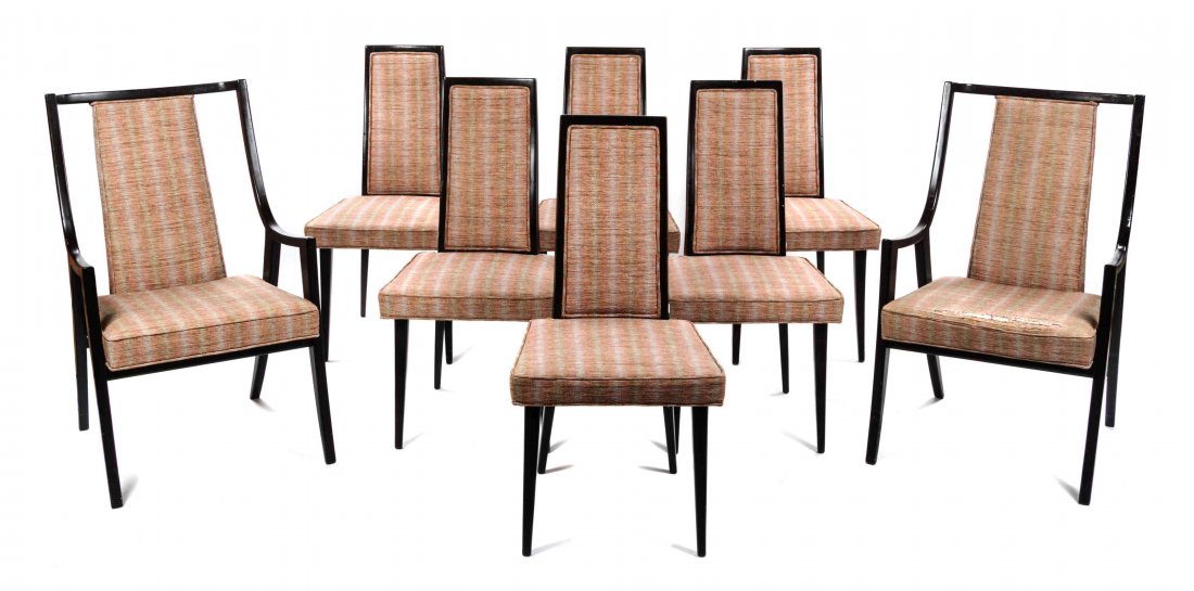 A Set of Eight Harvey Probber Lacquered Chairs, Height: A Set of Eight Harvey Probber Lacquered Chairs, comprising two armchairs and six side chairs, each having a square crest rail over an upholstered back and seat raised on tapering legs. Height 38 inche