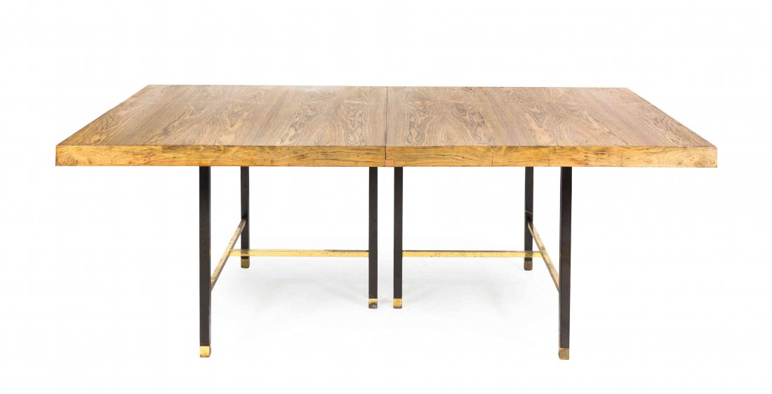 A Harvey Probber Walnut Extension Table, Height 29 x: A Harvey Probber Walnut Extension Table, having a rectangular top, raised on square form legs joined by gilt metal stretchers, with two leaves. Height 29 x width 80 1/8 x depth 44 1/8 inches (closed).