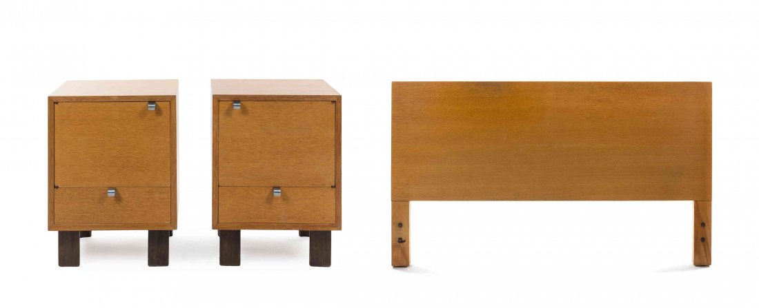 A George Nelson Oak Bedroom Suite, for Herman Miller,: A George Nelson Oak Bedroom Suite, for Herman Miller, comprising a headboard, bearing the original label and two nightstands with chromed hardware, raised on ebonized feet. Height of bed frame 31 1/8