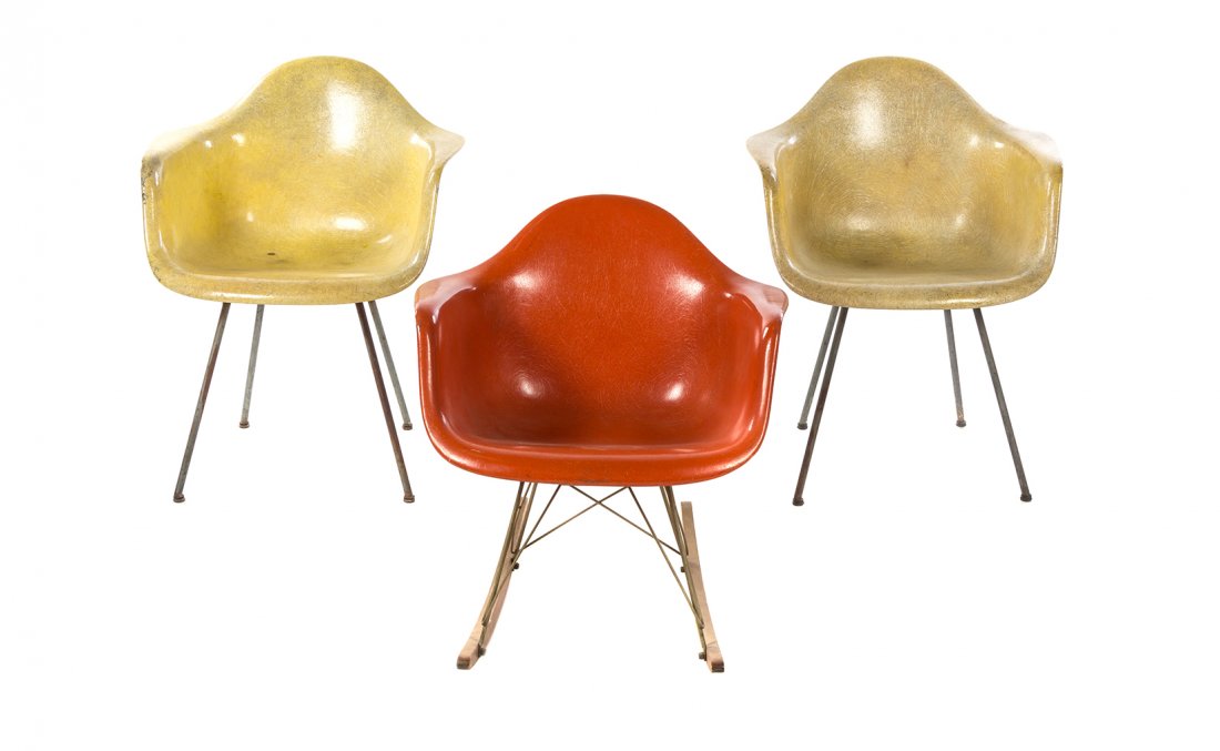 Three Charles and Ray Eames Fiberglass Chairs, Height: Three Charles and Ray Eames Fiberglass Chairs, comprising two armchairs and an RAR example, together with an additional shell seat without base. Height of first pair 31 1/2 inches. Property from the C