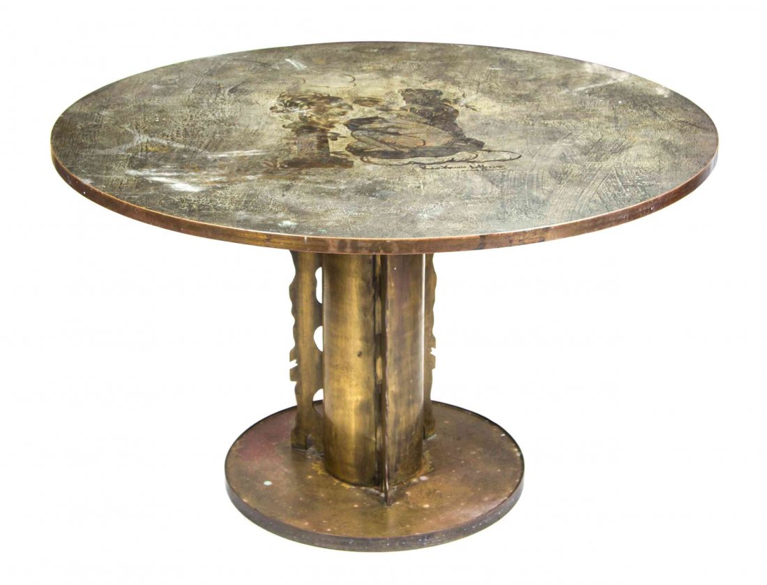 A Philip and Kelvin Laverne Bronze Pedestal Table,: A Philip and Kelvin Laverne Bronze Pedestal Table, in the Homage pattern, having a circular top with figural decoration, raised on a pierced base, terminating in a circular foot, signed. Height 28 1/4