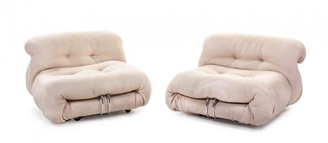 A Pair of Afra and Tobia Scarpa Soriana Chairs, for: A Pair of Afra and Tobia Scarpa Soriana Chairs, for Cassina each with button tufted backs and seats, having a Cassina label to the underside. Height 24 inches. Property from the Collection of Marilyn