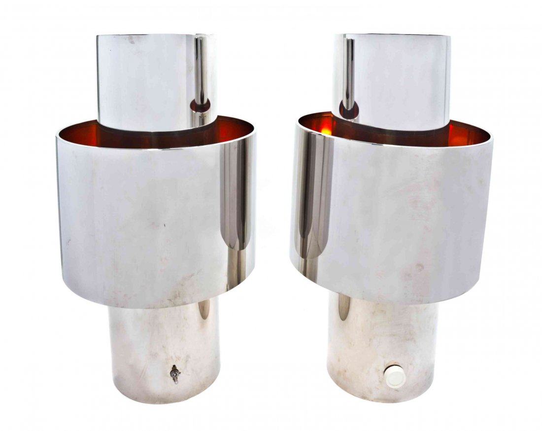 A Pair of Willy Rizzo Chromed Table Lamps, Height 25: A Pair of Willy Rizzo Chromed Table Lamps, each of cylindrical form, with etched signature. Height 25 1/2 inches. Property from the Collection of Marilyn Karos, Whitefish Bay, Wisconsin