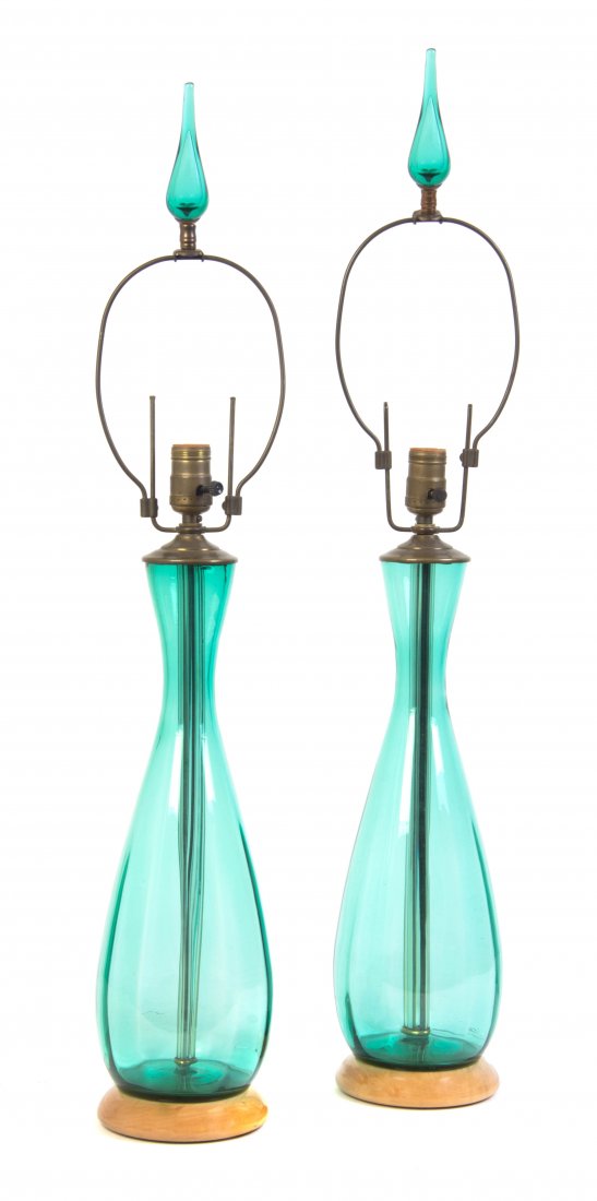 A Pair of Blenko Glass Table Lamps, Height overall 33: A Pair of Blenko Glass Table Lamps, each of baluster form, with a green ground, raised on a circular foot. Height overall 33 inches. Literature: Similar example in 1953 Blenko Glass Company Catalog