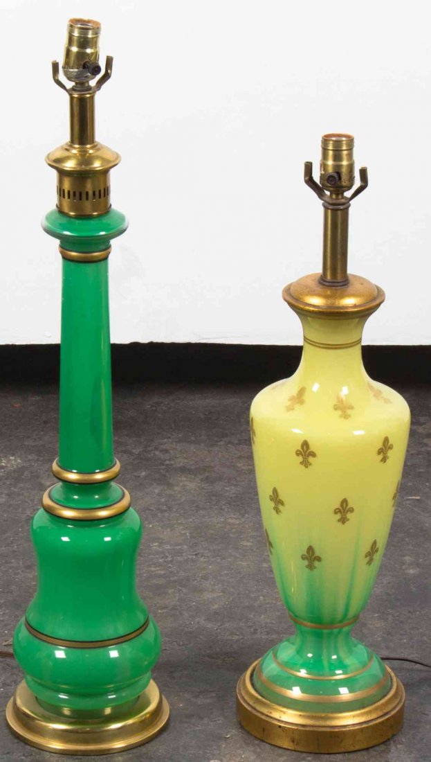 A Continental Opaline Glass Table Lamp, Height of: A Continental Opaline Glass Table Lamp, of baluster form, together with a second example. Height of tallest 29 inches.