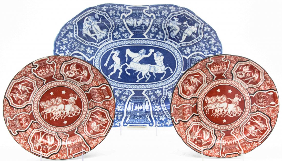 A Collection of English Transfer Decorated Pottery,: A Collection of English Transfer Decorated Pottery, comprising a Spode platter centered with a scene of Hercules battling minotaurs, together with two plates centered with a scene of Zeus arriving in 