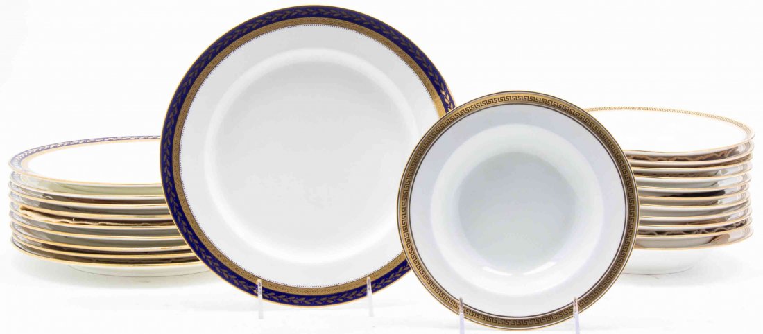A Set of Ten Minton Dinner Plates, Diameter of plates: A Set of Ten Minton Dinner Plates, each having cobalt and gilt border, together with twelve Royal Doulton bowls having gilt Greek key border. Diameter of plates 10 1/4 inches. Property from the Hugh J