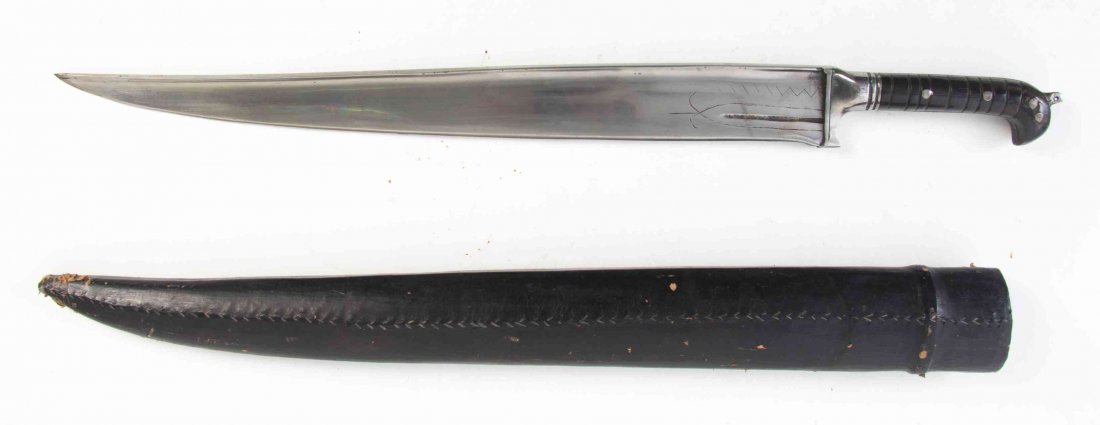 A Middle Eastern Steel Blade, Length 24 inches.: A Middle Eastern Steel Blade, together with a leather covered scabbard. Length 24 inches.