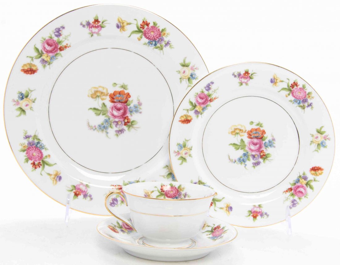A Partial Set of Noritake Dinnerware, Diameter of: A Partial Set of Noritake Dinnerware, in the Phyllis pattern, comprising 23 dinner plates, 13 luncheon plates, 13 dessert plates, 24 tea cups, and 23 saucers. Diameter of dinner plate 9 3/4 inches. Pr