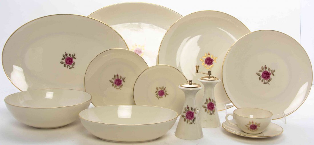 A Partial Set of Lenox Dinnerware, Diameter of dinner: A Partial Set of Lenox Dinnerware, in the Roselyn pattern, comprising 17 dinner plates, 17 luncheon plates, 17 bread plates, 14 tea cups, 12 saucers, 2 sets of salt and pepper shakers, 3 serving platt