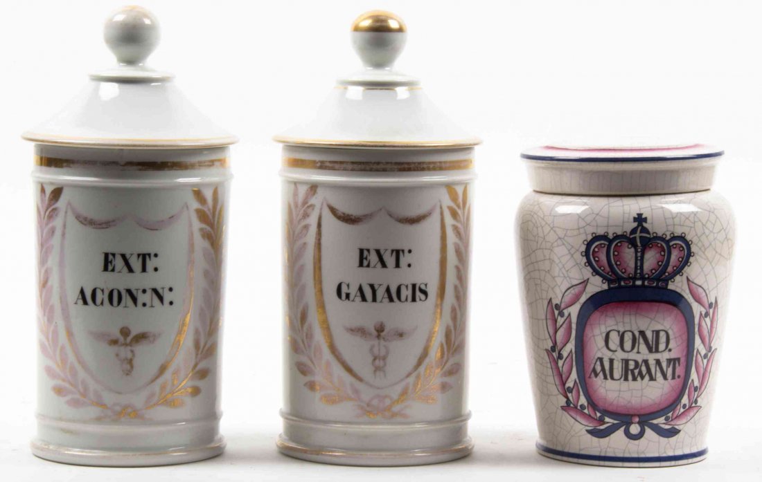 Three Apothecary Jars with Covers, Height of pair 10: Three Apothecary Jars with Covers, comprising a pair and a single. Height of pair 10 1/2 inches. Property from the Estate of Dr. John P. & Shirley U. Waitkus, Chicago, Illinois