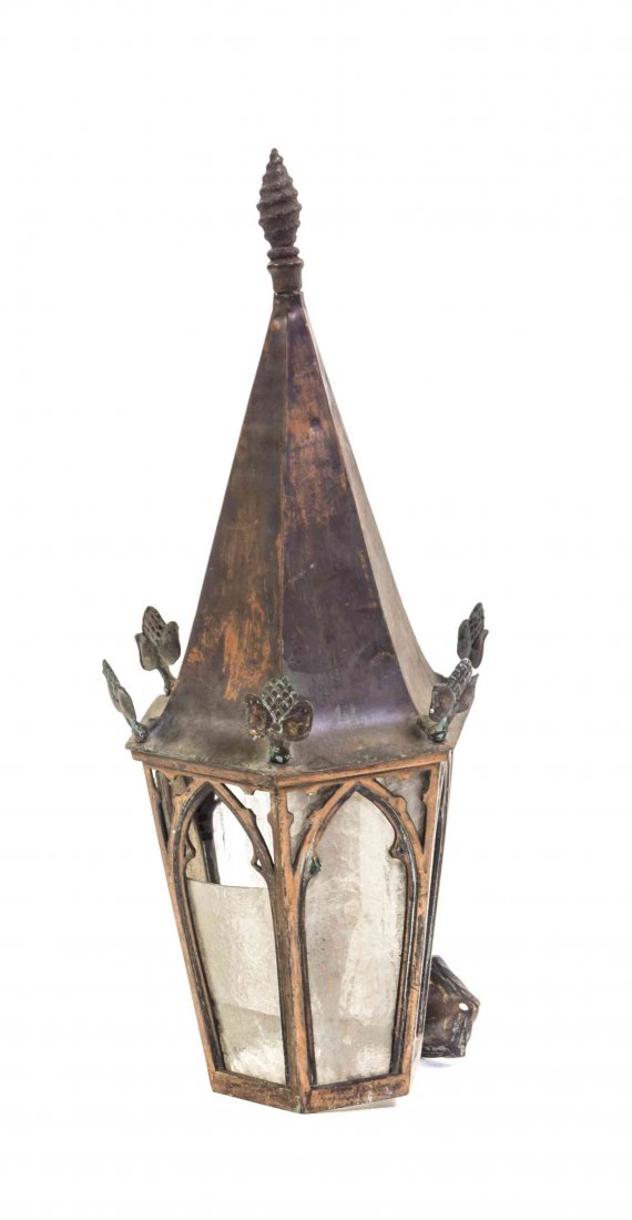 A Gothic Revival Cast Metal Lantern, Height 32 1/4: A Gothic Revival Cast Metal Lantern, of hexagonal form with glass panels. Height 32 1/4 inches. Property from the Estate of a Prominent Midwest Collector